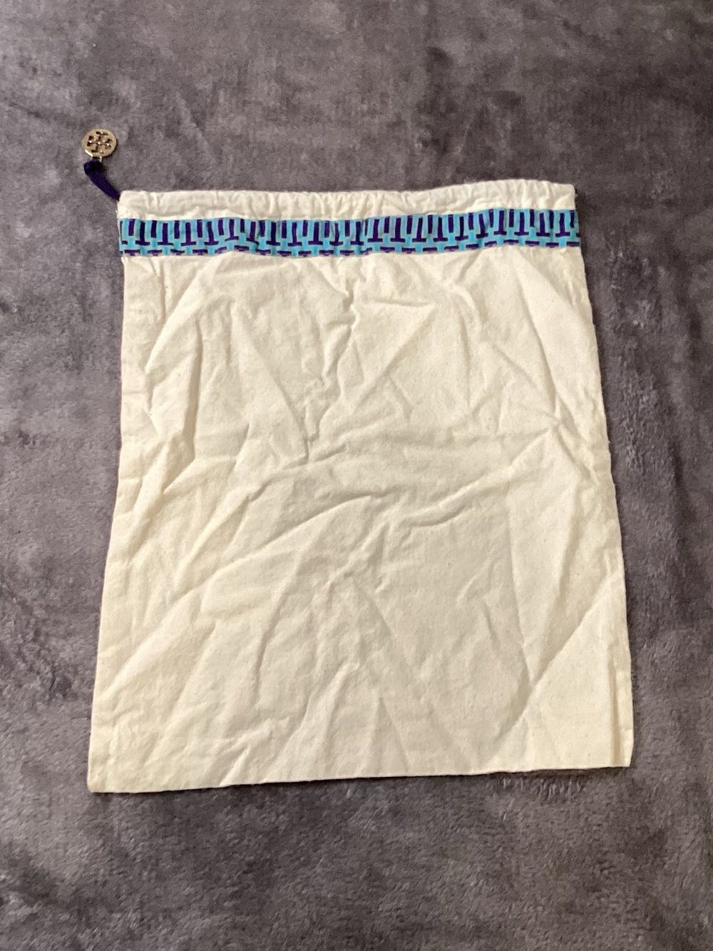 Tory Burch Cream Drawstring Bag with Turquoise and Navy Trim